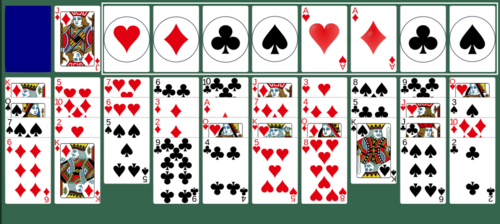 A green background with large cards showing the 8 forty thieves foundation piles