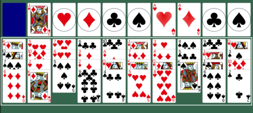 A green background with bright cards with the 10 forty thieves tableau columns in a white rectangle