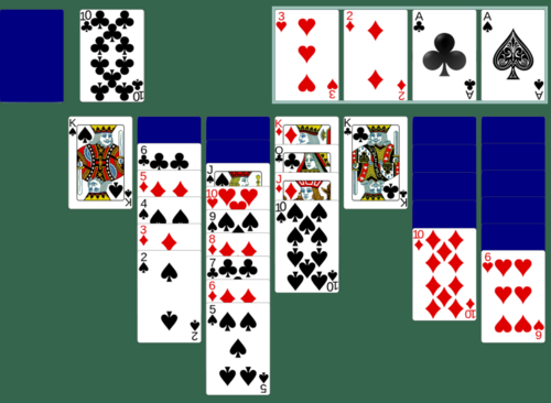 A green background with large, bright cards showing a Klondike (1 Card) Solitaire foundation along with tableau, discard and deck. The foundation has an outline.