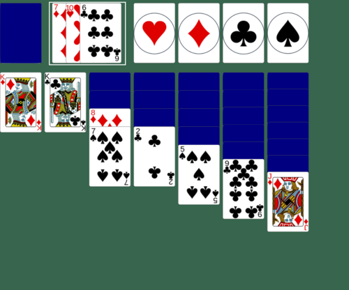 Klondike (3 Card) Solitaire formation with discard in white rectangle
