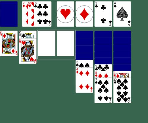 Green background with Klondike (3 Card) Solitaire tableau with two empty columns