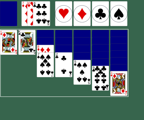 Green background with Klondike (3 Card) Solitaire laid out with the tableau having a white rectangle around it