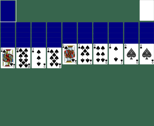 Green background, spider solitaire deck has a white rectangle around it
