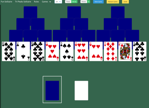 Green background with large cards, tripeaks deck in a white rectangle