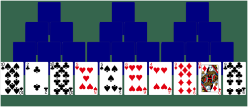 Green background with tripeaks solitaire initial starting game laid out with the tableau in a white rectangle